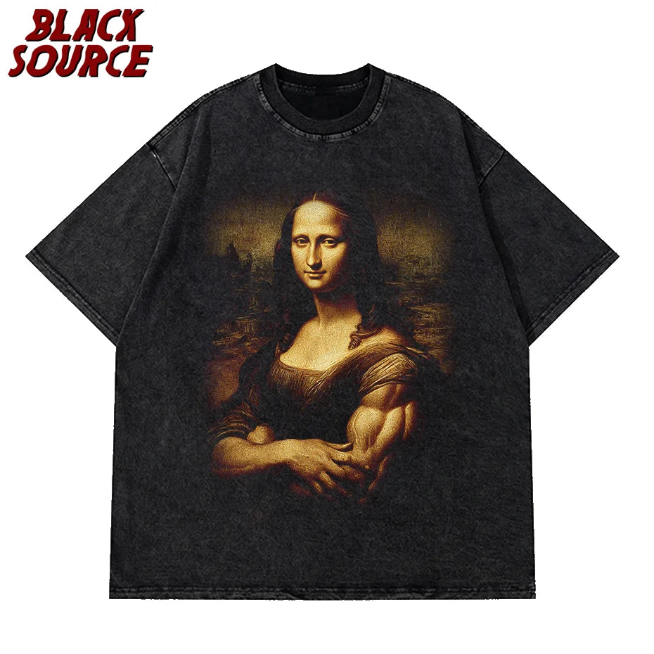 T380 Funny Mona Lisa Fitness T-shirt Muscles Gym Casual Graphic Short Sleeve T-shirts Unisex Fashion Casual Oversized T Shirt