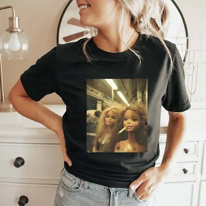 Women's  Doll Face Meme Smoking T Shirt Unisex Cotton Streetwear Oversized Loose Casual Short Sleeve Suitable for All Seasons