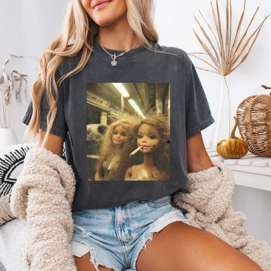 Women's  Doll Face Meme Smoking T Shirt Unisex Cotton Streetwear Oversized Loose Casual Short Sleeve Suitable for All Seasons